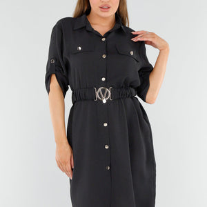 NEW040625 Zwarte Midi Knoopjurk met Ceintuur