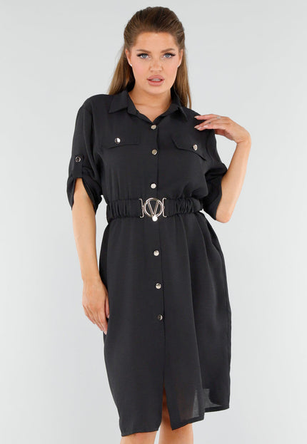 NEW040625 Zwarte Midi Knoopjurk met Ceintuur