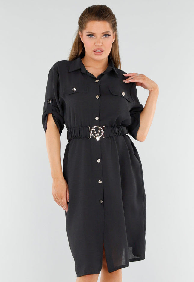 NEW040625 Zwarte Midi Knoopjurk met Ceintuur