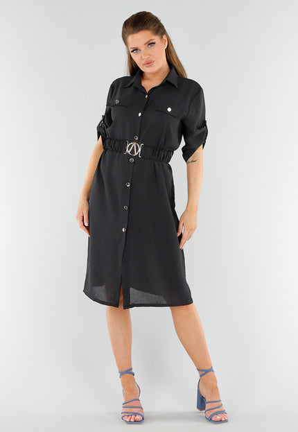 NEW040625 Zwarte Midi Knoopjurk met Ceintuur