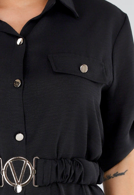 NEW040625 Zwarte Midi Knoopjurk met Ceintuur