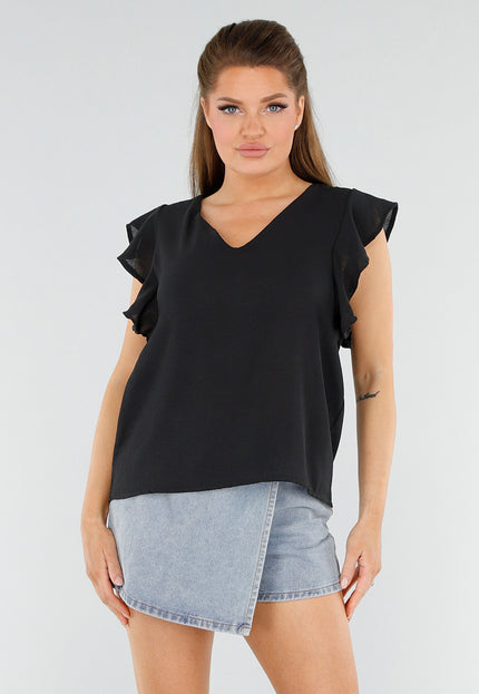 NEW040625 Zwarte V-Hals Ruffle Blouse
