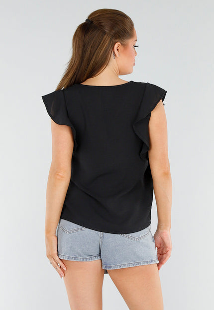 NEW040625 Zwarte V-Hals Ruffle Blouse