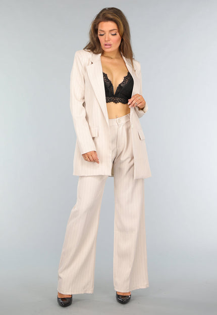 NEW0409 Beige Halflange Blazer met Streepjes Patroon