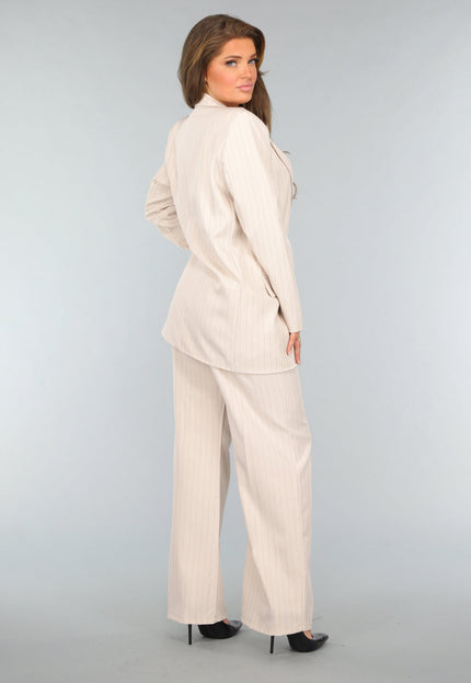 NEW0409 Beige Halflange Blazer met Streepjes Patroon