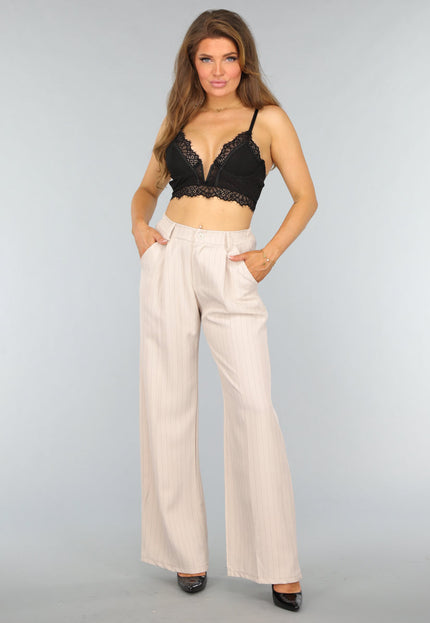 NEW0409 Beige Wide Leg Pantalon met Streepjes Patroon