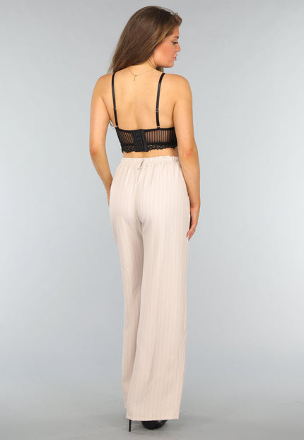 NEW0409 Beige Wide Leg Pantalon met Streepjes Patroon