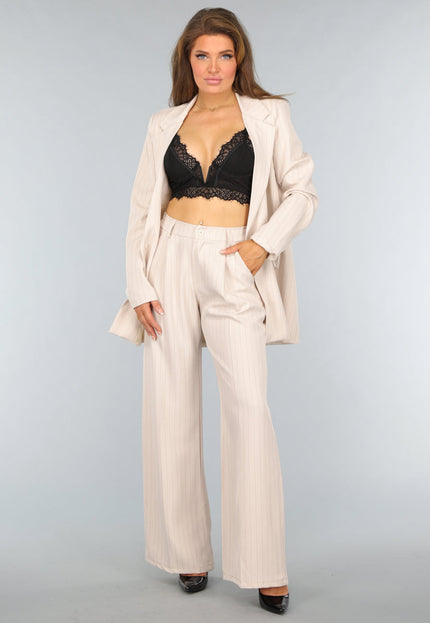 NEW0409 Beige Wide Leg Pantalon met Streepjes Patroon