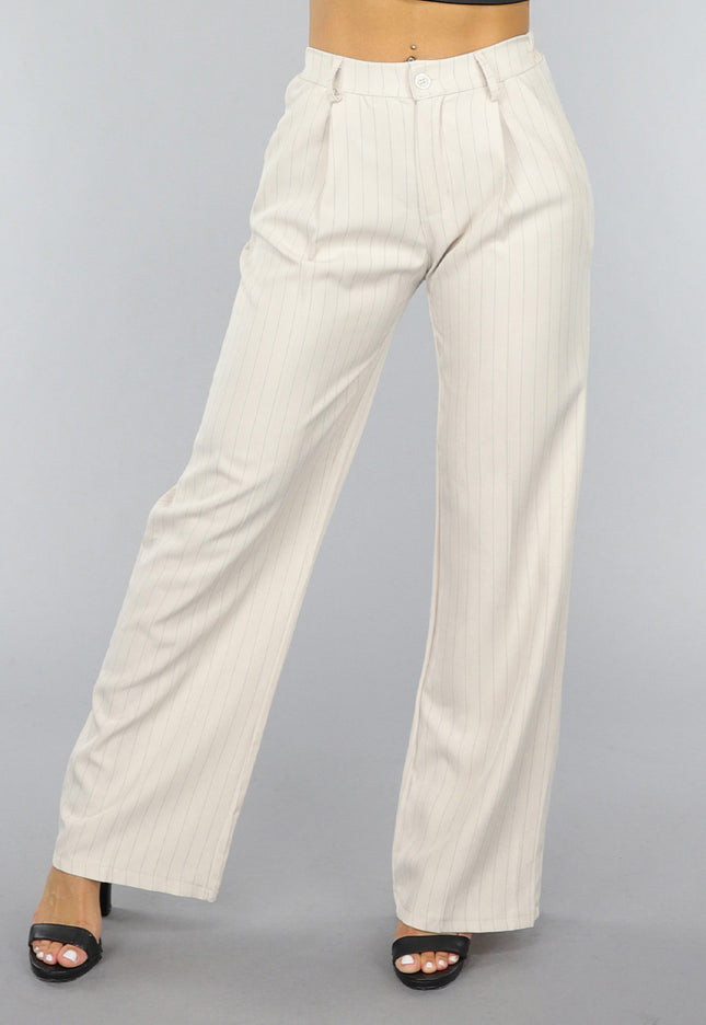 NEW0409 Beige Wide Leg Pantalon met Streepjes Patroon