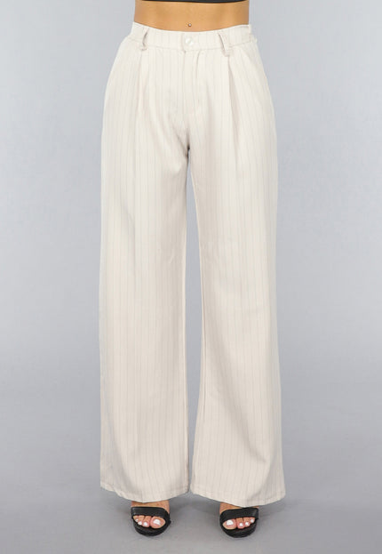 NEW0409 Beige Wide Leg Pantalon met Streepjes Patroon