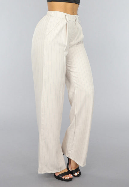 NEW0409 Beige Wide Leg Pantalon met Streepjes Patroon