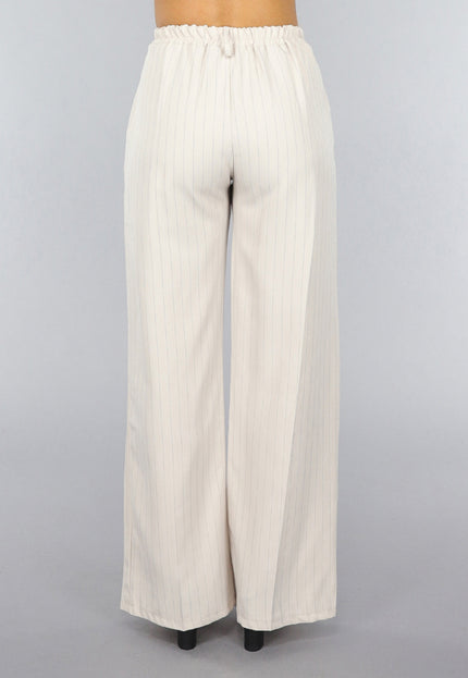 NEW0409 Beige Wide Leg Pantalon met Streepjes Patroon
