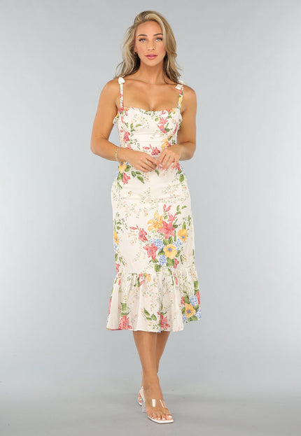 NEW0409 Lange Bloemenprint Jurk met Strikdetail