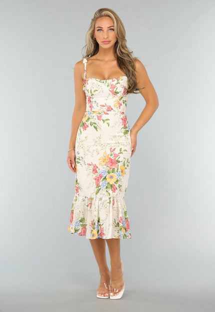 NEW0409 Lange Bloemenprint Jurk met Strikdetail