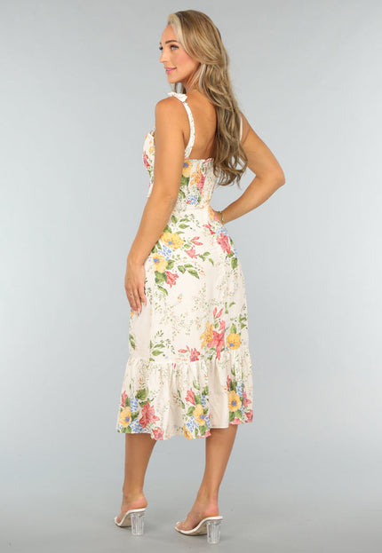 NEW0409 Lange Bloemenprint Jurk met Strikdetail
