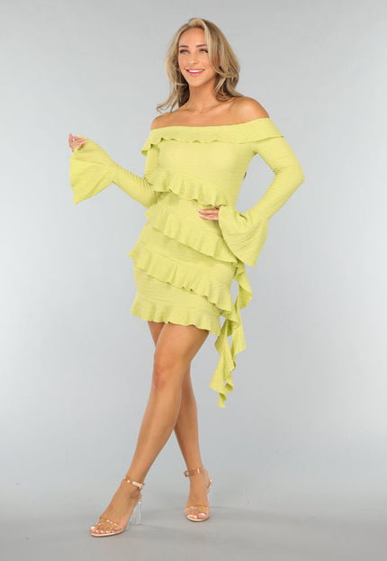 NEW0409 Limoen Groene Off Shoulder Ruffle Jurk