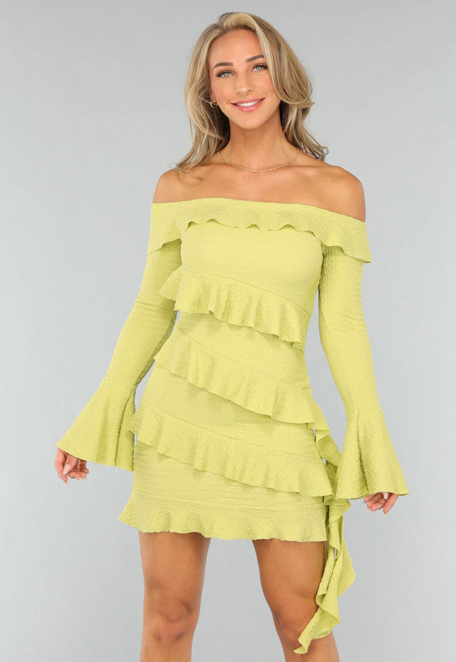 NEW0409 Limoen Groene Off Shoulder Ruffle Jurk