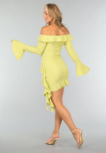 NEW0409 Limoen Groene Off Shoulder Ruffle Jurk