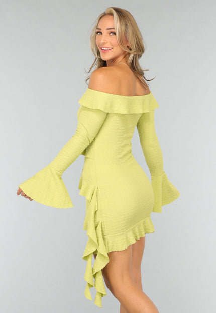 NEW0409 Limoen Groene Off Shoulder Ruffle Jurk