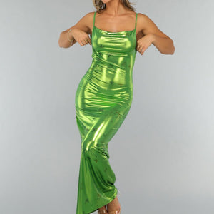 NEW0409 Metallic Groene Maxi Jurk met Vlinders
