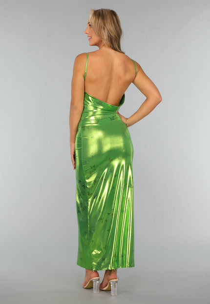 NEW0409 Metallic Groene Maxi Jurk met Vlinders