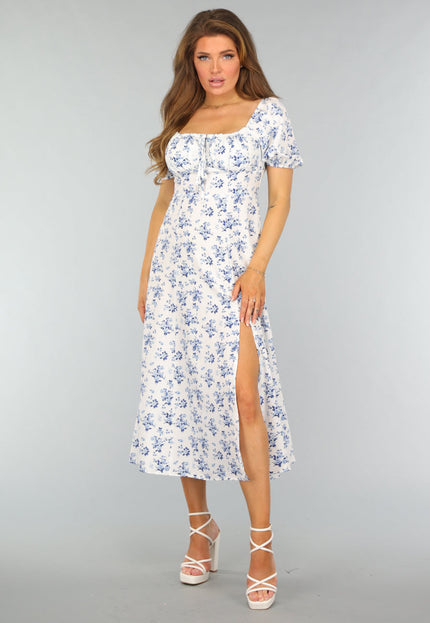 NEW0409 Witte Lange Jurk met Blauwe Bloemenprint