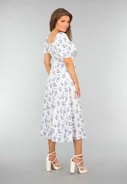 NEW0409 Witte Lange Jurk met Blauwe Bloemenprint
