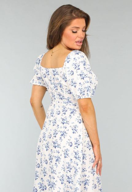 NEW0409 Witte Lange Jurk met Blauwe Bloemenprint