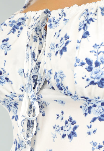 NEW0409 Witte Lange Jurk met Blauwe Bloemenprint