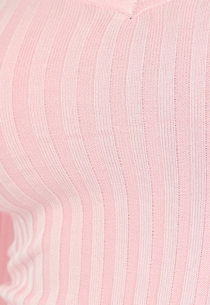 OP=OP.08.NL Zalmroze Ribstof Midi Jurk met V Hals