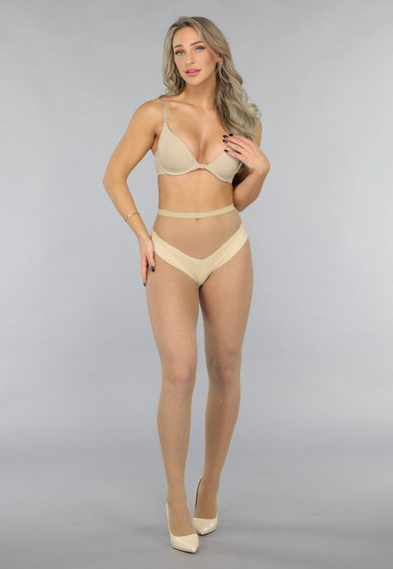 NEW0412 Beige Fishnet Panty met Strass Steentjes