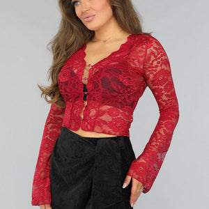 OP=OP.09.NL Burgundy Kanten Crop Top met Knoopjes
