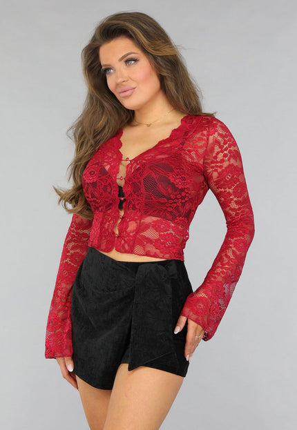 OP=OP.09.NL Burgundy Kanten Crop Top met Knoopjes