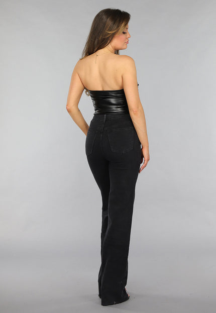 NEW0412 Strapless Zwarte Lederlook Bandeau Top