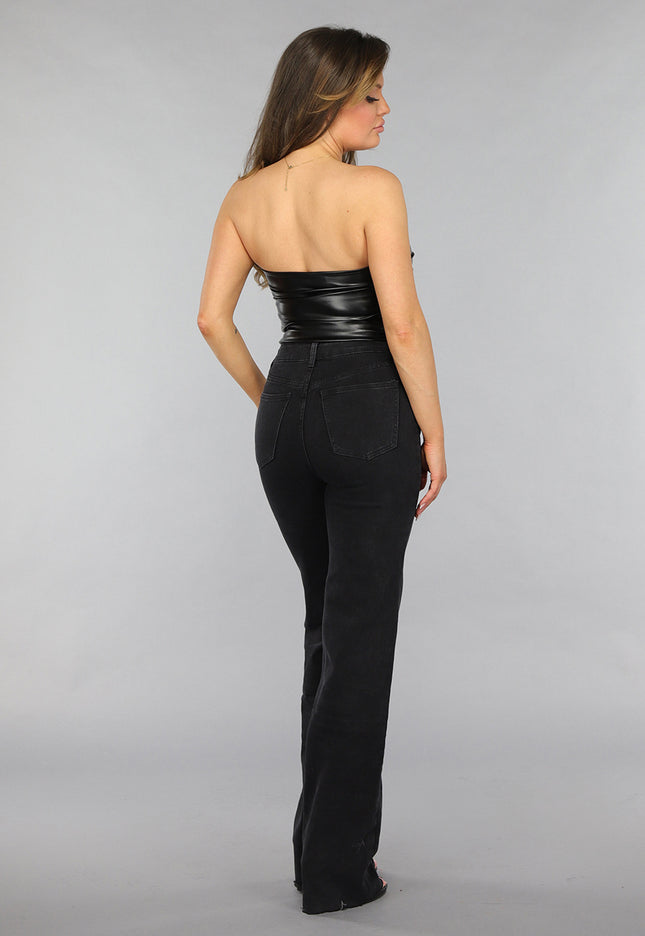 NEW0412 Strapless Zwarte Lederlook Bandeau Top