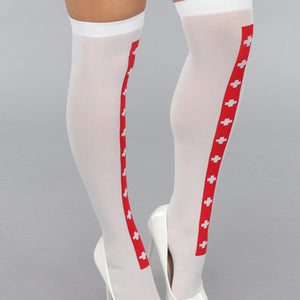NEW0412 Witte Kniekousen met Rode Streep en Kruisjes