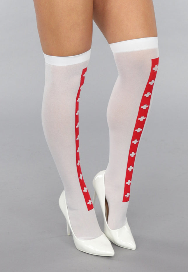 NEW0412 Witte Kniekousen met Rode Streep en Kruisjes