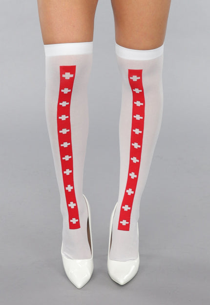 NEW0412 Witte Kniekousen met Rode Streep en Kruisjes