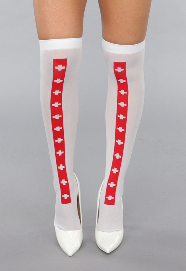 NEW0412 Witte Kniekousen met Rode Streep en Kruisjes