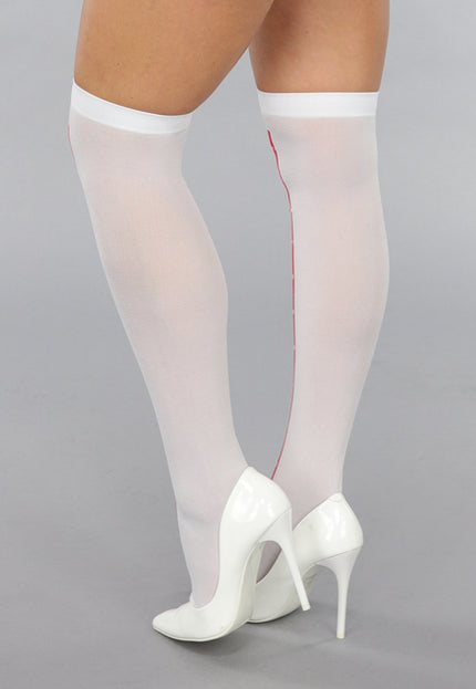 NEW0412 Witte Kniekousen met Rode Streep en Kruisjes