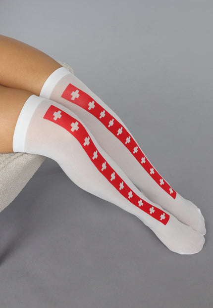 NEW0412 Witte Kniekousen met Rode Streep en Kruisjes