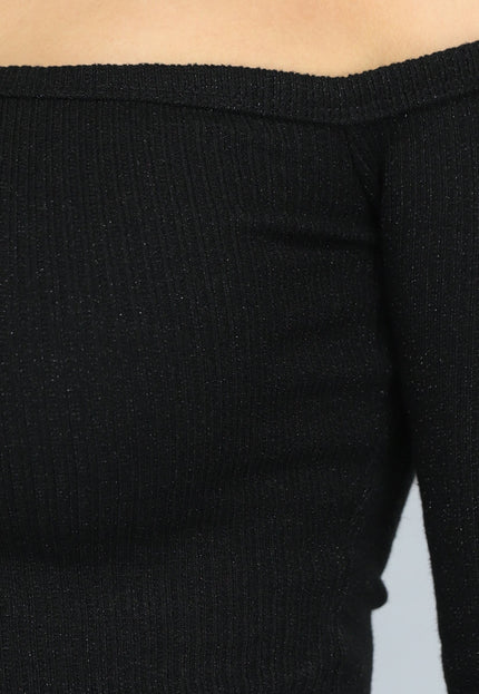 OP=OP.38.NL Zwarte One Shoulder Ribstof Top met Shimmer