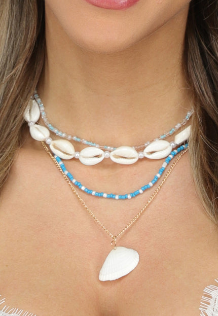 NEW050325 4-Delige Blauwe Ketting Set met Schelpjes