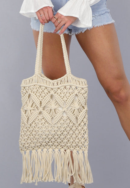 NEW050325 Beige Gehaakte Strandtas met Franjes