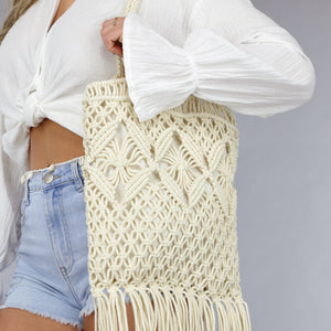 NEW050325 Beige Gehaakte Strandtas met Franjes