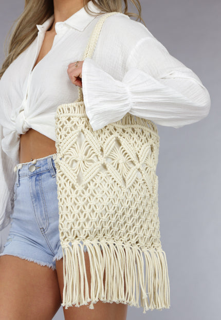 NEW050325 Beige Gehaakte Strandtas met Franjes