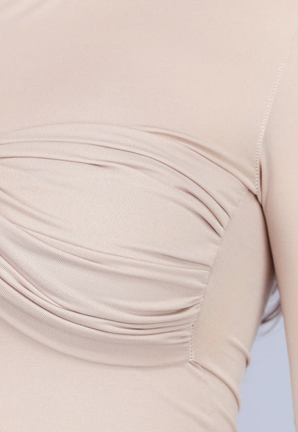 NEW050325 Beige Stretch Twist Top met Lange Mouwen