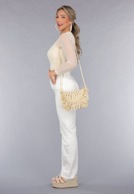 NEW050325 Bohemian Beige Stro Tas met Gevlochten Schouderband