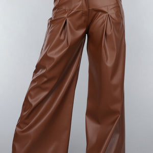 NEW050325 Bruine Lederlook Wide Leg Tall Broek