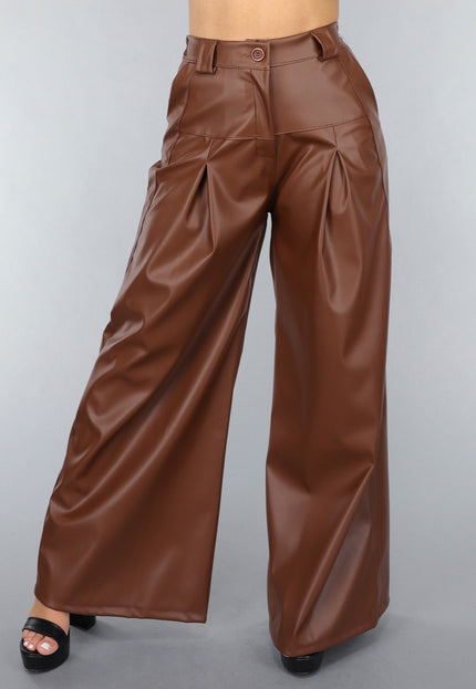 NEW050325 Bruine Lederlook Wide Leg Tall Broek